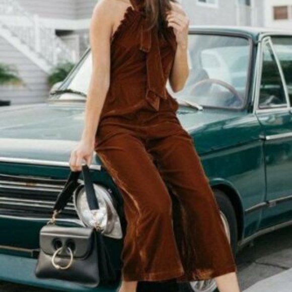 Kristinit Anthropologie Velvet Ruffle Halter Jumpsuit Copper Large H13128 - Picture 11 of 12